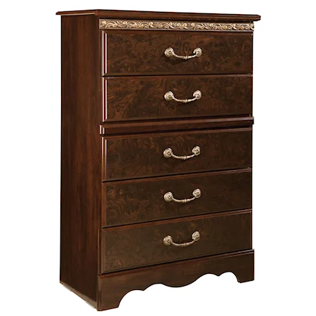 5 Drawer Chest with Traditional Gold-Tone Ornate Molding and Bail Handles